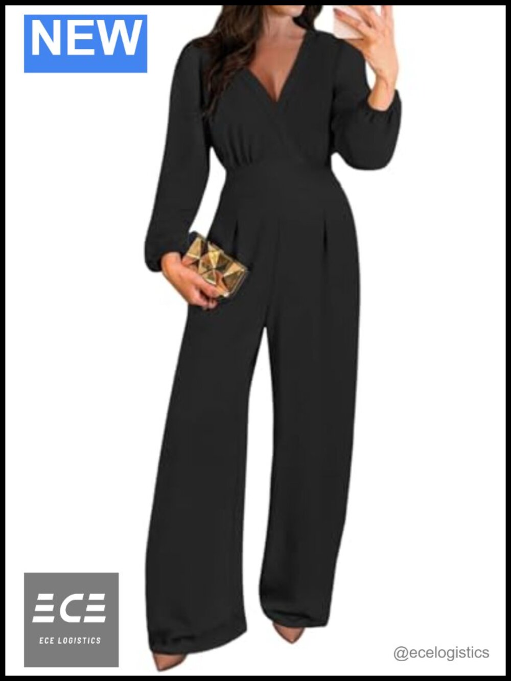 Long Sleeve V Neck Wide Leg Jumpsuit Romper